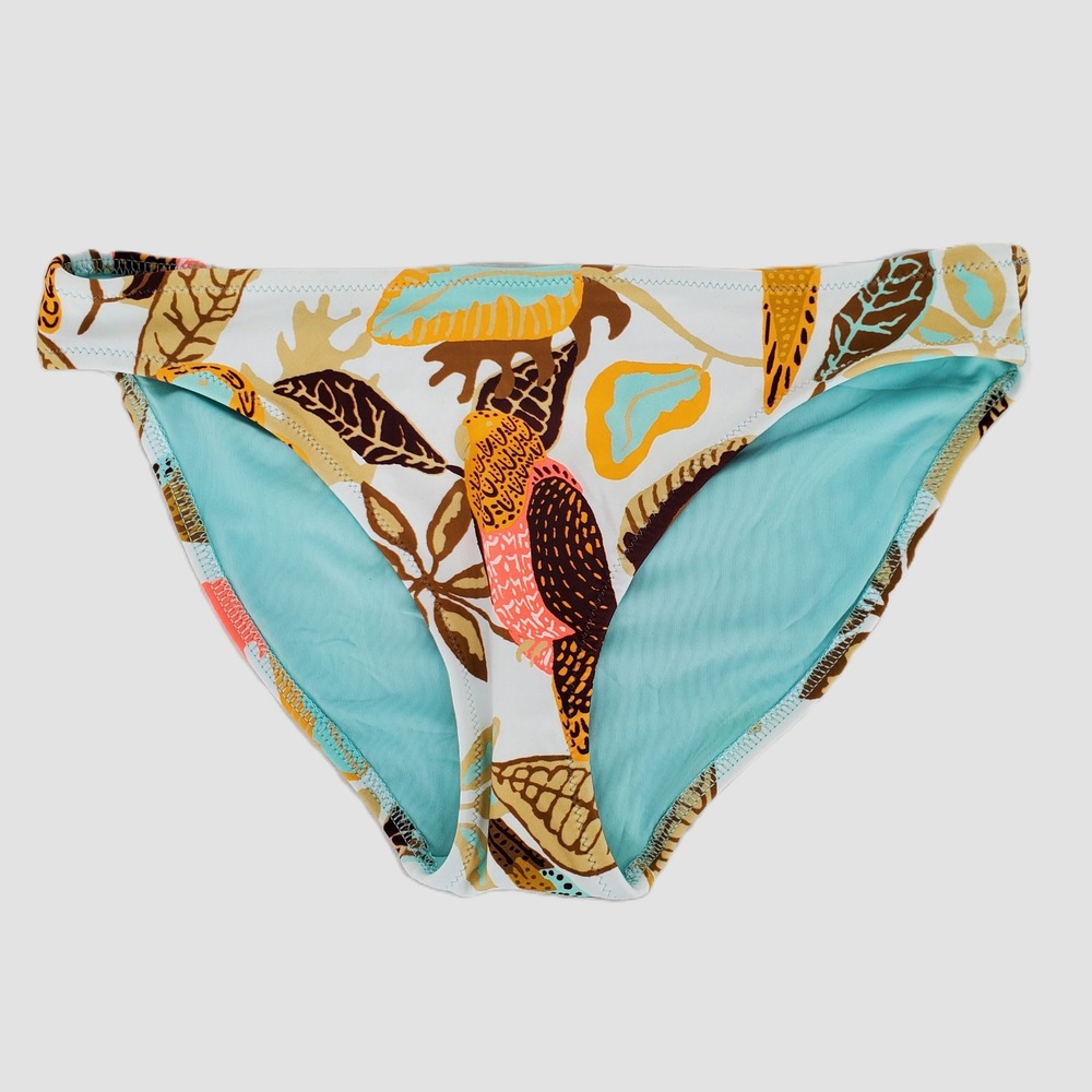 Aerie Real Good Bikini Bottom Small White Tropical Bird Leaf Print Swim Stretch